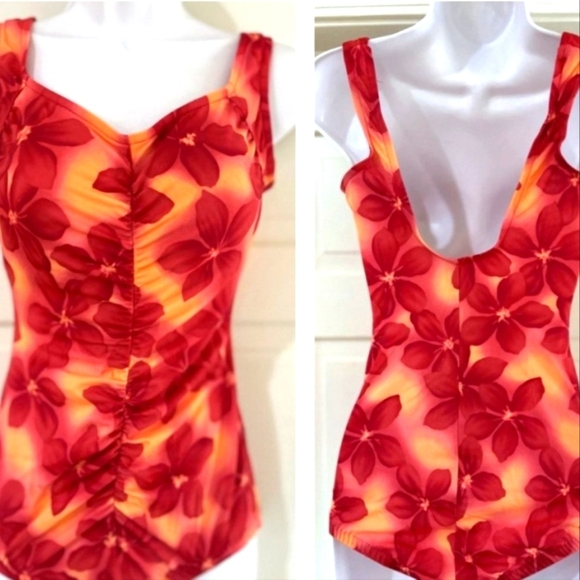 Le Cove Other - Le Cove One Piece Swimsuit 18 Full Coverage Women Red Orange Floral Bathing Suit